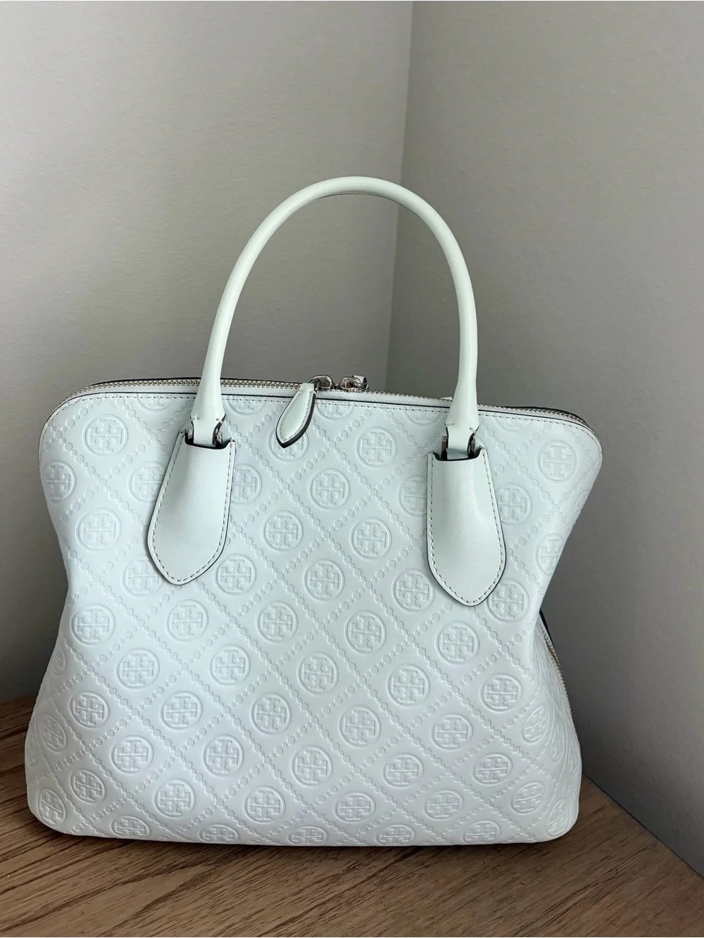 NWOT Tory Burch T Monogram Ice Blue Leather Satchel Logo Charm